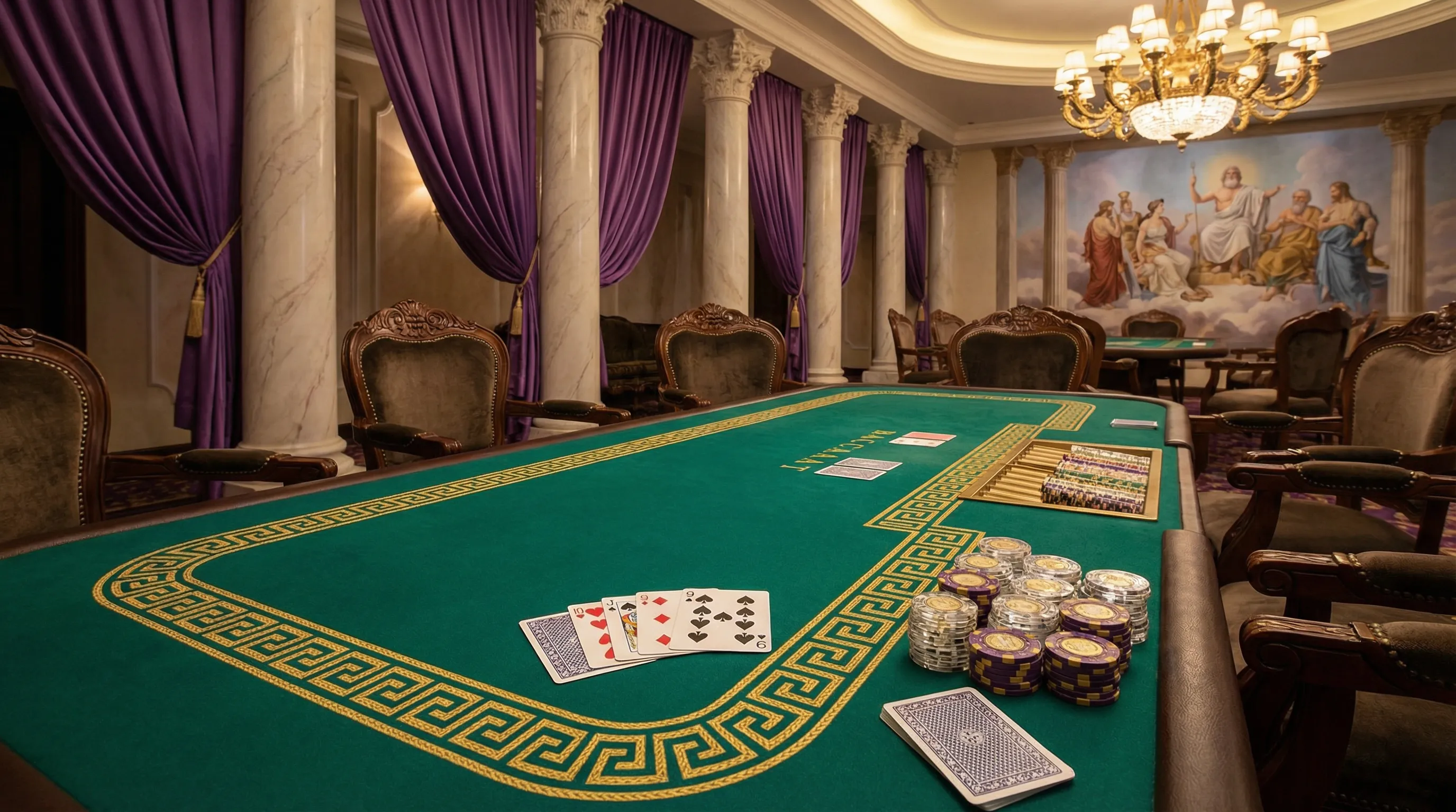 Mesa de bacará luxuosa com cartas distribuídas